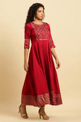 Women's Solid Floral Embroidered Woven Flared Dress