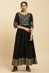 Women's Solid Floral Embroidered Woven Flared Dress