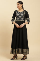 Women's Solid Floral Embroidered Woven Flared Dress