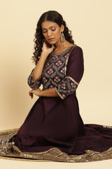 Women's Solid Floral Embroidered Woven Flared Dress