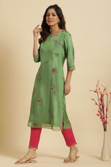 Women's Solid Embroidered Shantung Straight Kurta