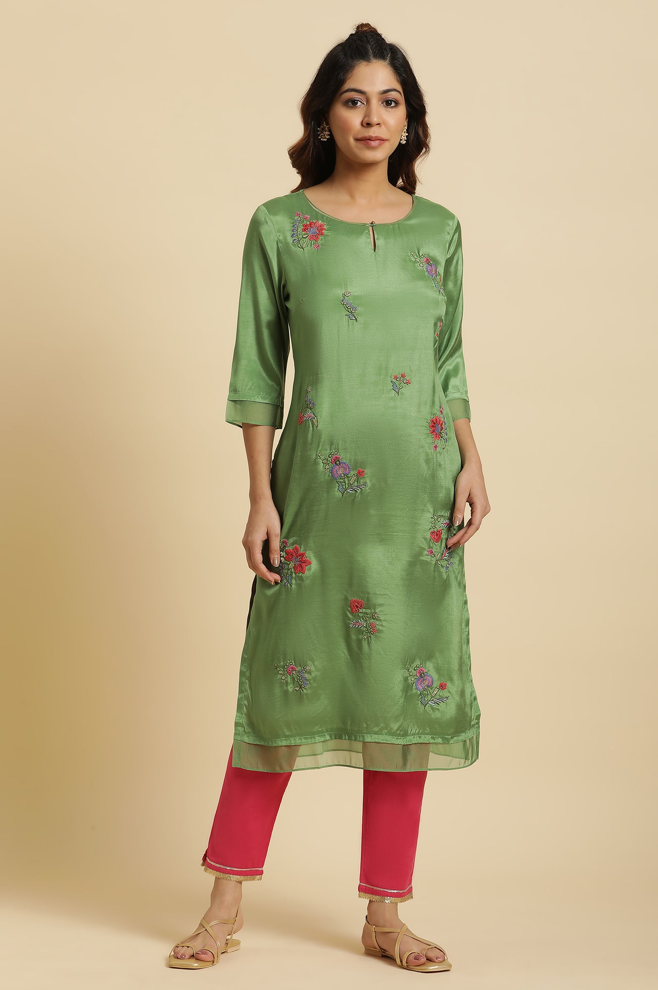Women's Solid Embroidered Shantung Straight Kurta