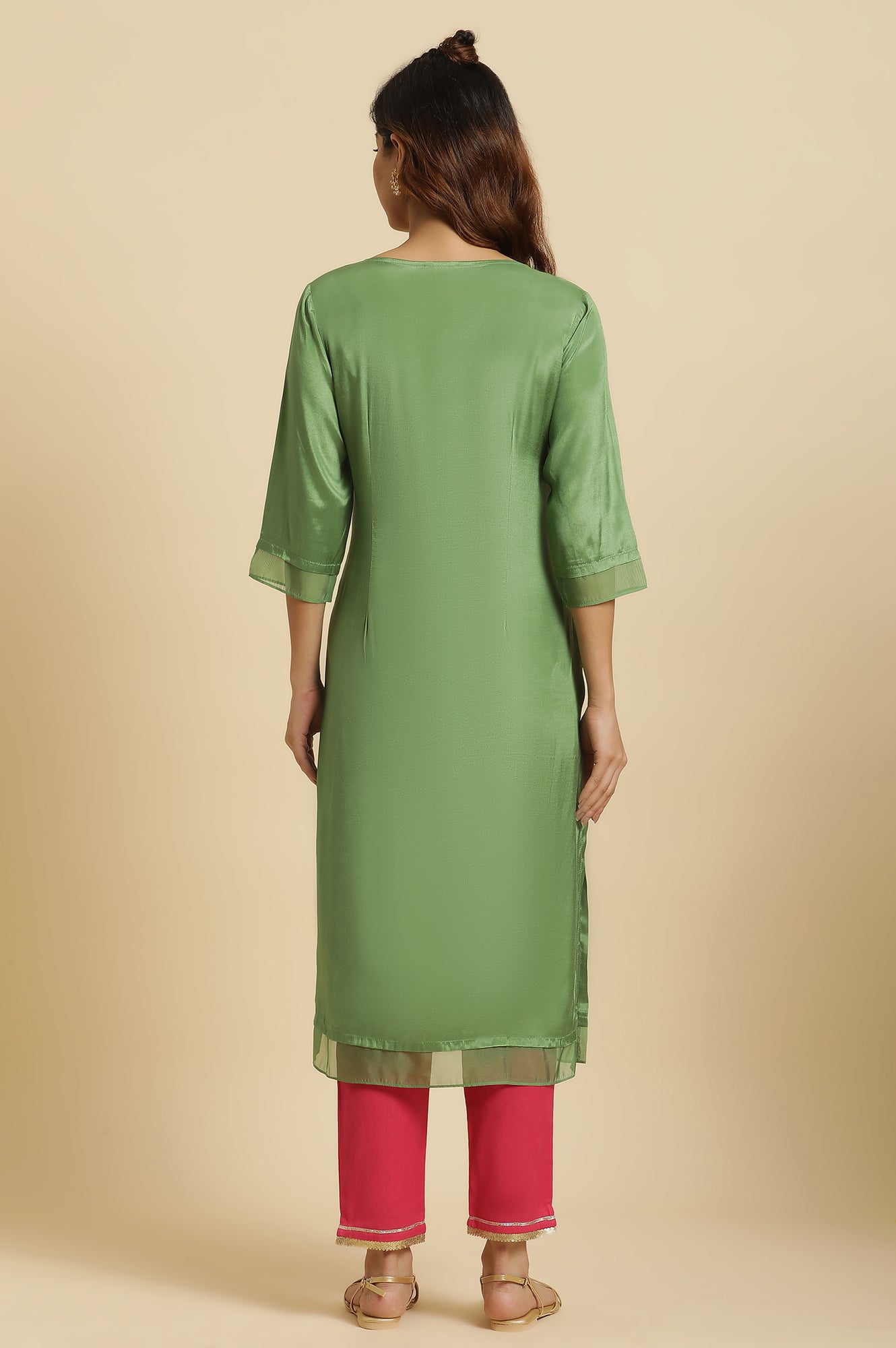 Women's Solid Embroidered Shantung Straight Kurta