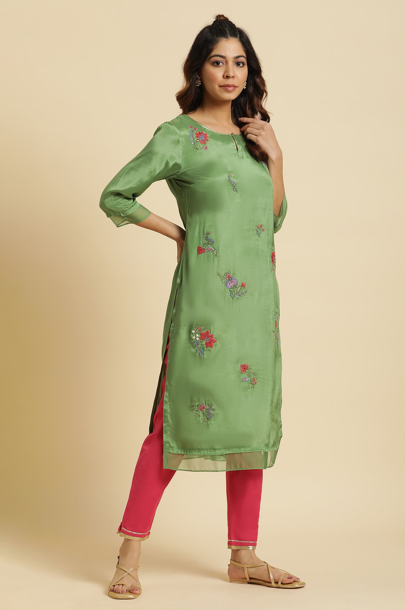 Women's Solid Embroidered Shantung Straight Kurta
