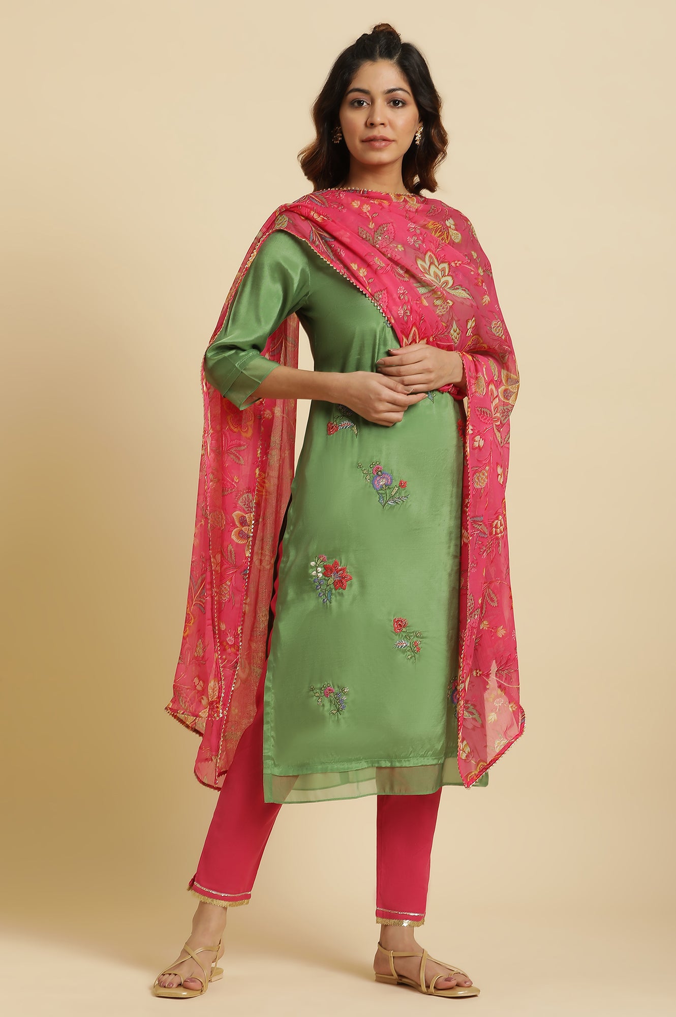 Women's Solid Embroidered Shantung Straight Kurta