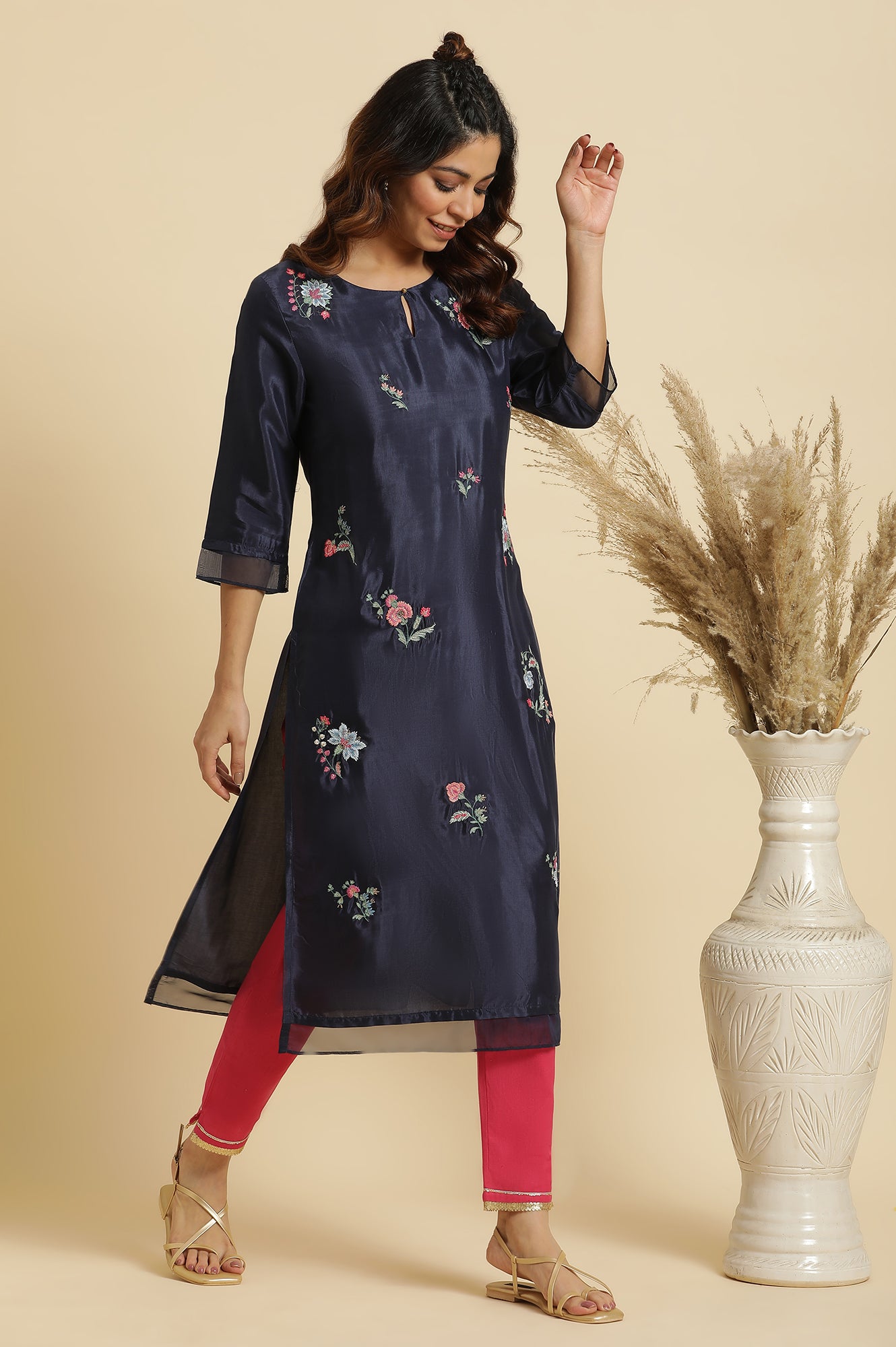 Women's Solid Embroidered Shantung Straight Kurta