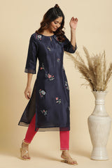 Women's Solid Embroidered Shantung Straight Kurta