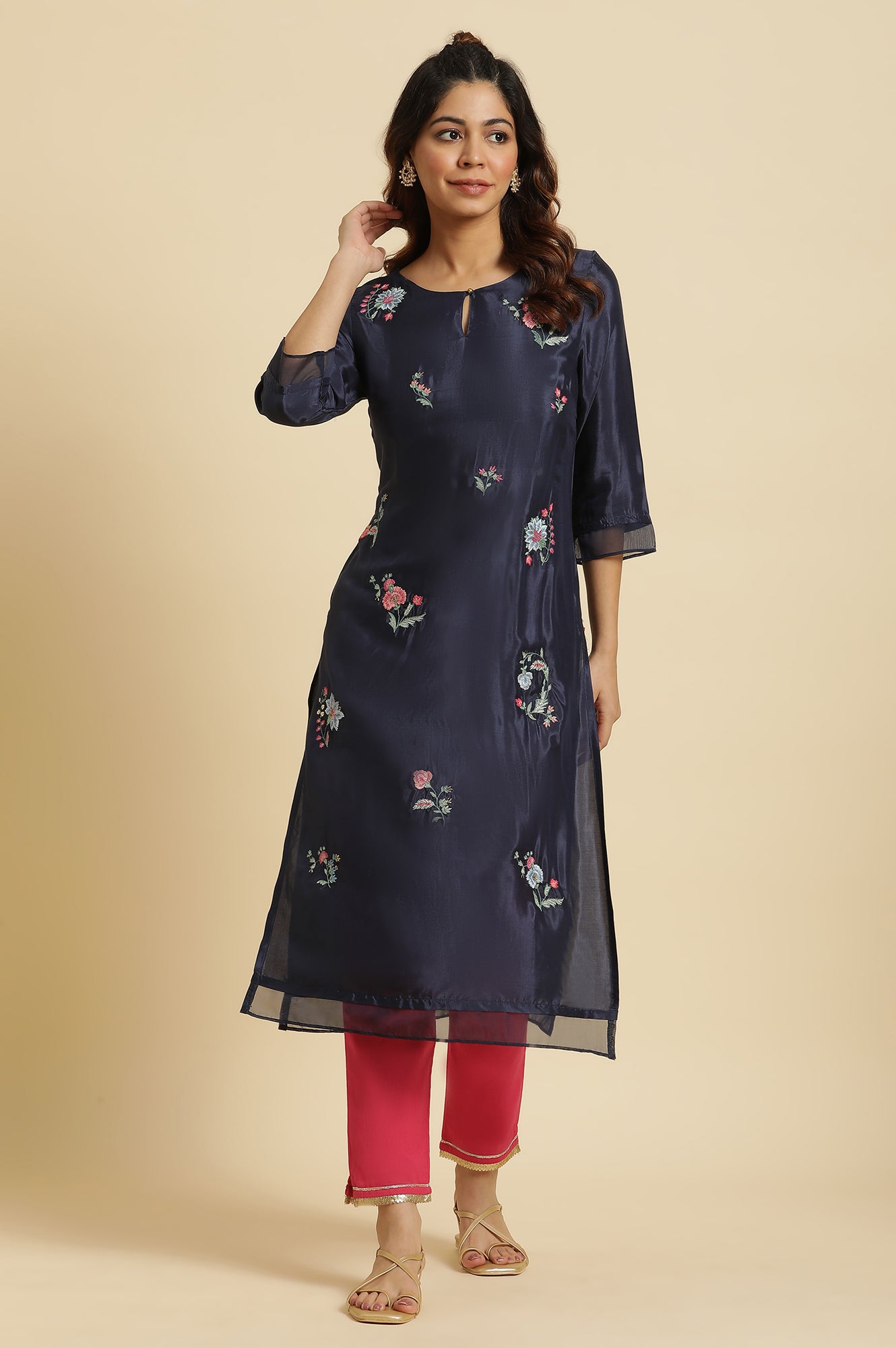 Women's Solid Embroidered Shantung Straight Kurta
