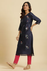 Women's Solid Embroidered Shantung Straight Kurta