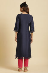 Women's Solid Embroidered Shantung Straight Kurta