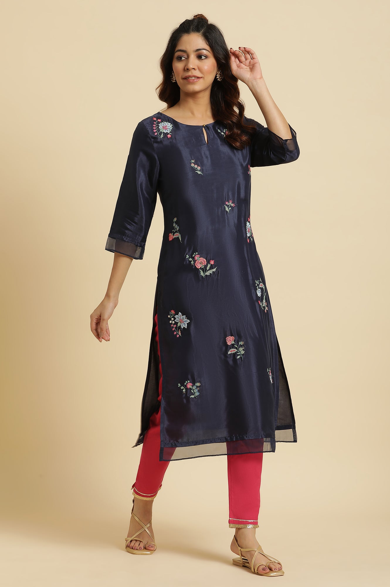 Women's Solid Embroidered Shantung Straight Kurta