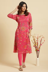 Women's Floral Printed Thread Work Chiffon A-Line Kurta