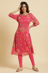 Women's Floral Printed Thread Work Chiffon A-Line Kurta