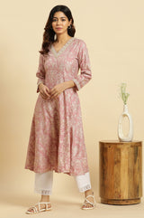 Women's Floral Foil Print Dori Embroidered Rayon Flared Kurta