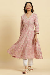 Women's Floral Foil Print Dori Embroidered Rayon Flared Kurta
