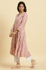 Women's Floral Foil Print Dori Embroidered Rayon Flared Kurta