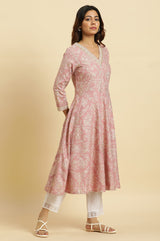 Women's Floral Foil Print Dori Embroidered Rayon Flared Kurta