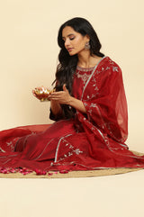 Women's Dark Red Solid Zari Embroidered Flared Woven Kurta with Trouser and Dupatta