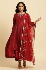 Women's Dark Red Solid Zari Embroidered Flared Woven Kurta with Trouser and Dupatta