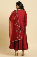 Women's Dark Red Solid Zari Embroidered Flared Woven Kurta with Trouser and Dupatta