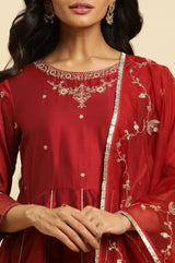 Women's Dark Red Solid Zari Embroidered Flared Woven Kurta with Trouser and Dupatta