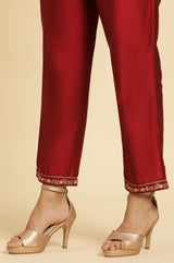 Women's Dark Red Solid Zari Embroidered Flared Woven Kurta with Trouser and Dupatta