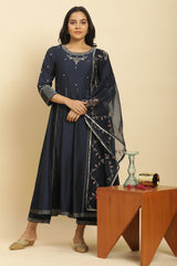 Women's Dark Blue Solid Zari Embroidered Flared Woven Kurta With Trouser And Dupatta