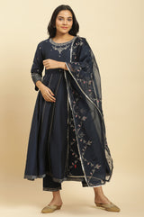 Women's Dark Blue Solid Zari Embroidered Flared Woven Kurta With Trouser And Dupatta