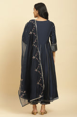 Women's Dark Blue Solid Zari Embroidered Flared Woven Kurta With Trouser And Dupatta