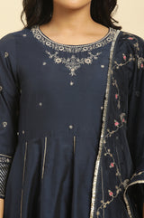 Women's Dark Blue Solid Zari Embroidered Flared Woven Kurta With Trouser And Dupatta