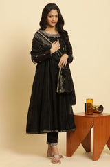 Women's Black Solid Metallic Embroidered Flared Chanderi Kurta With Trouser And Dupatta