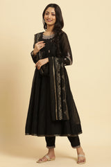 Women's Black Solid Metallic Embroidered Flared Chanderi Kurta With Trouser And Dupatta