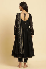 Women's Black Solid Metallic Embroidered Flared Chanderi Kurta With Trouser And Dupatta