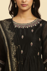 Women's Black Solid Metallic Embroidered Flared Chanderi Kurta With Trouser And Dupatta