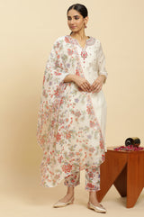Women's Off White Solid Embroidered Straight Chanderi Kurta with Trouser and Dupatta