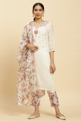 Women's Off White Solid Embroidered Straight Chanderi Kurta with Trouser and Dupatta
