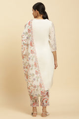Women's Off White Solid Embroidered Straight Chanderi Kurta with Trouser and Dupatta