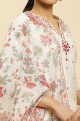 Women's Off White Solid Embroidered Straight Chanderi Kurta with Trouser and Dupatta