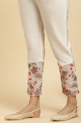 Women's Off White Solid Embroidered Straight Chanderi Kurta with Trouser and Dupatta