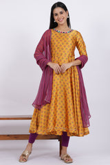 Women's Yellow Floral Printed Thread Work Anarkali Satin Kurta With Leggings And Dupatta