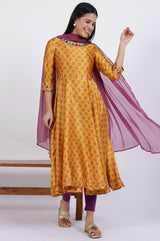 Women's Yellow Floral Printed Thread Work Anarkali Satin Kurta With Leggings And Dupatta