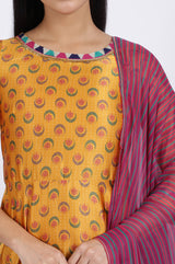 Women's Yellow Floral Printed Thread Work Anarkali Satin Kurta With Leggings And Dupatta
