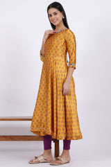 Women's Yellow Floral Printed Thread Work Anarkali Satin Kurta With Leggings And Dupatta