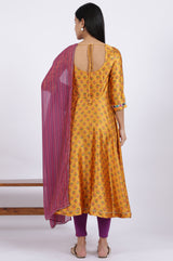 Women's Yellow Floral Printed Thread Work Anarkali Satin Kurta With Leggings And Dupatta