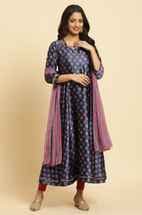 Women's Blue Floral Circular Printed Thread Work Anarkali Satin Kurta with Leggings and Dupatta