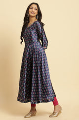 Women's Blue Floral Circular Printed Thread Work Anarkali Satin Kurta with Leggings and Dupatta