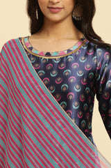 Women's Blue Floral Circular Printed Thread Work Anarkali Satin Kurta with Leggings and Dupatta
