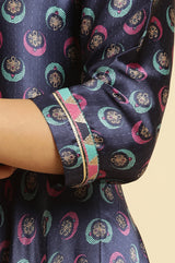 Women's Blue Floral Circular Printed Thread Work Anarkali Satin Kurta with Leggings and Dupatta