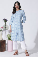 Women's Blue Geometric Ikat Print Straight Woven Kurta And Pants