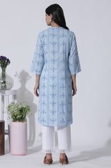 Women's Blue Geometric Ikat Print Straight Woven Kurta And Pants